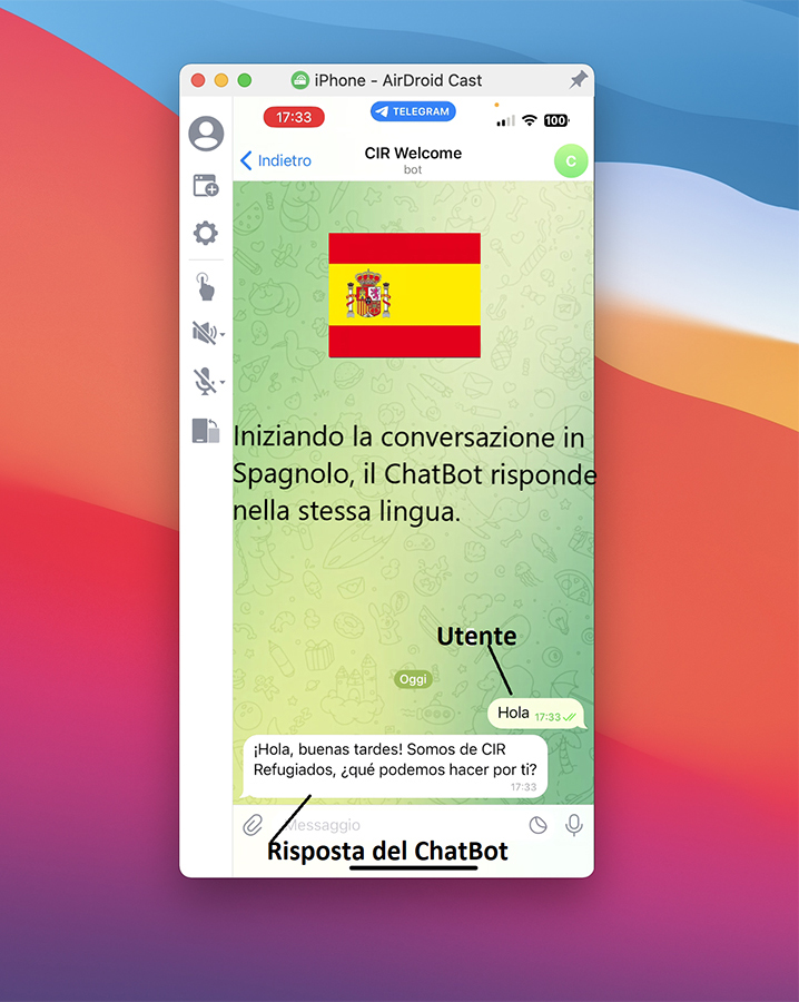 L'utente chiede informazioni in Spagnola, la chatbot risponde in Spagnolo