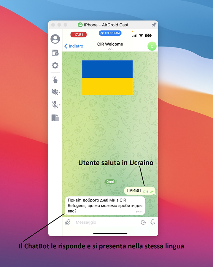 L'utente chiede informazioni in Ucraino, la chatbot risponde in Ucraino